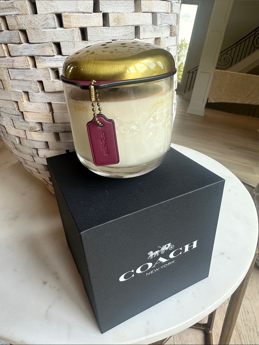 Coach Gold-Lid Candle with Burgundy Tag
